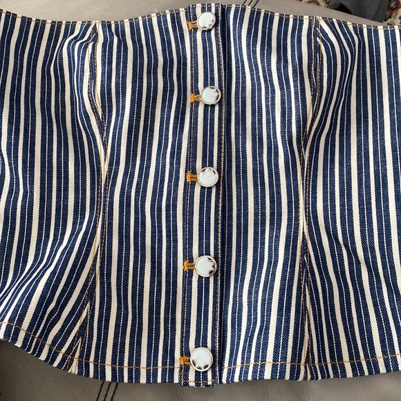 ❌SOLD❌NWOT Ganni Mixed Stripe Dark Indigo Denim Buster Top & Shorts Set💙🤍💙 - Picture 9 of 16